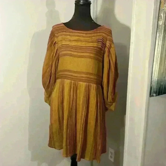 Free People Dresses & Skirts - FREE PEOPLE XS Women Brown Gauze Stripe Dress Mini Full
Balloon Sleeve-EUC